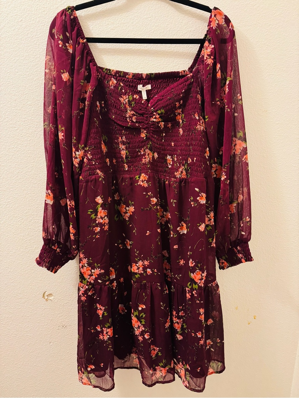 Maurices Burgundy Floral Long Sleeve Smocked Dress